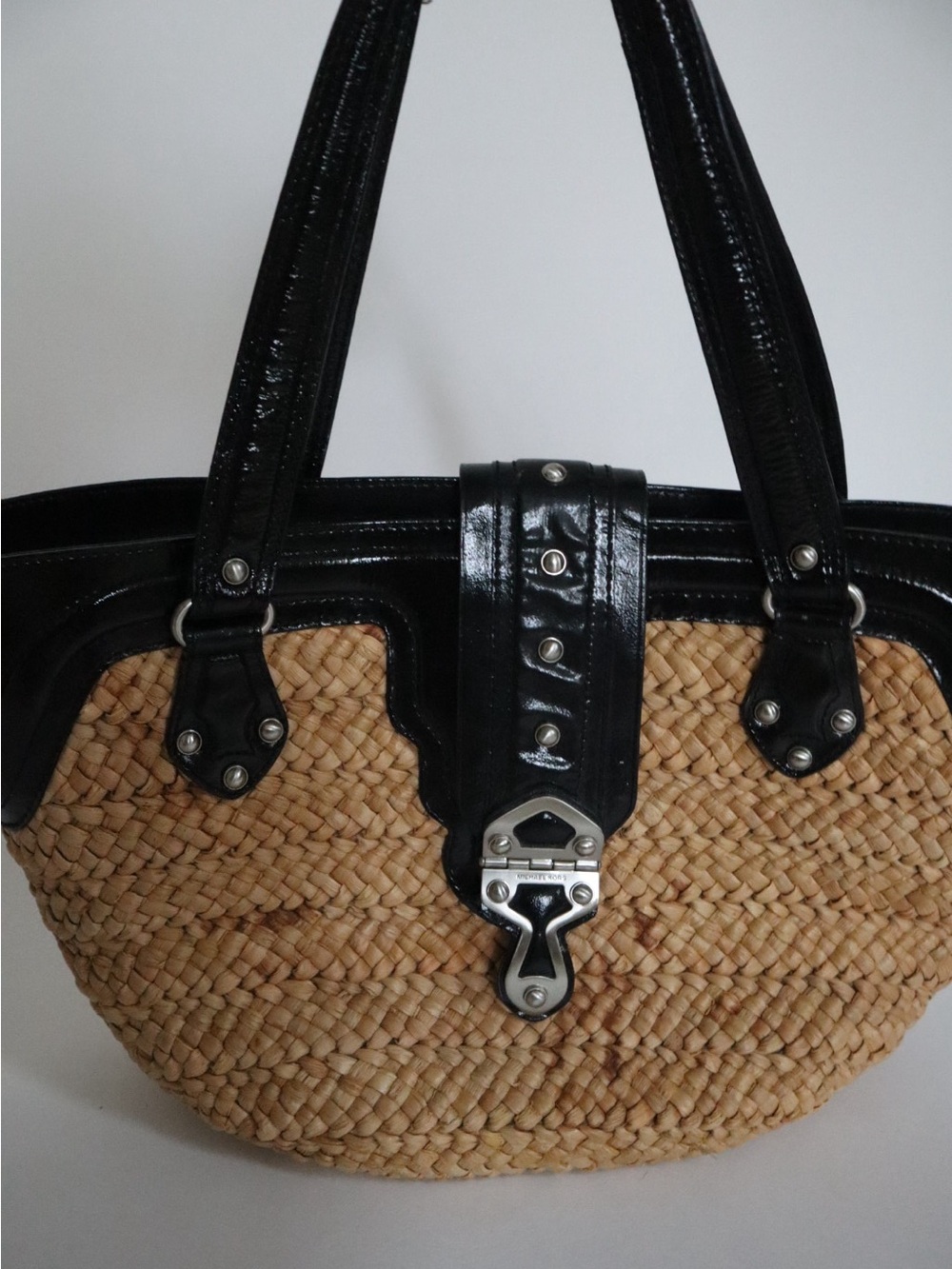 Michael Kors Black Leather Straw Belt Bag with Silver Buckle Detail